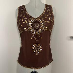 Vintage Brown Beaded and Sequined Sleeveless Blouse Size 4